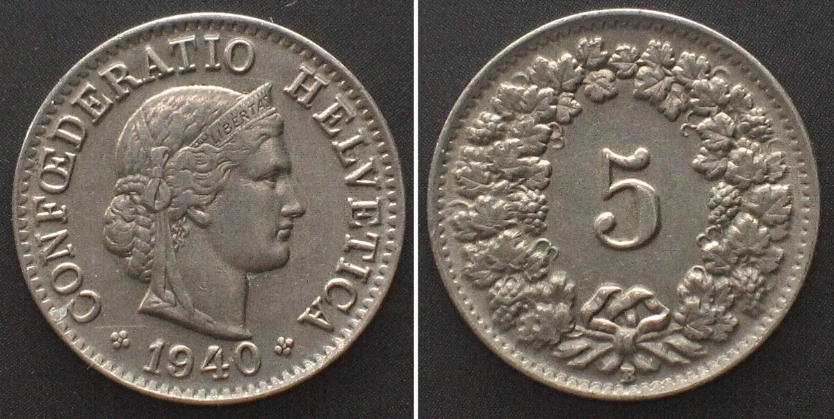 1940 SWITZERLAND 5 Rappen 1940 Cu-Ni UNC-!