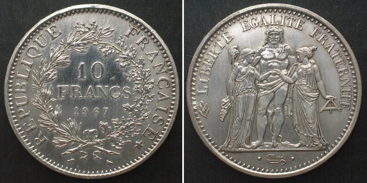 1967 FRANCE 10 Francs 1967 HERCULES silver UNC-