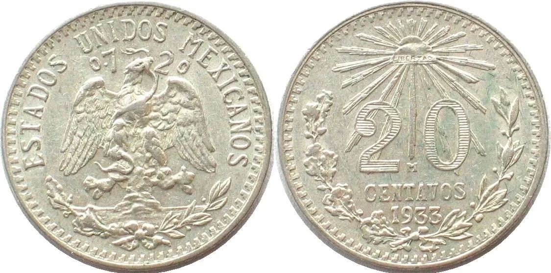 1933 MEXICO. 20 Centavos 1933, silver, UNC-