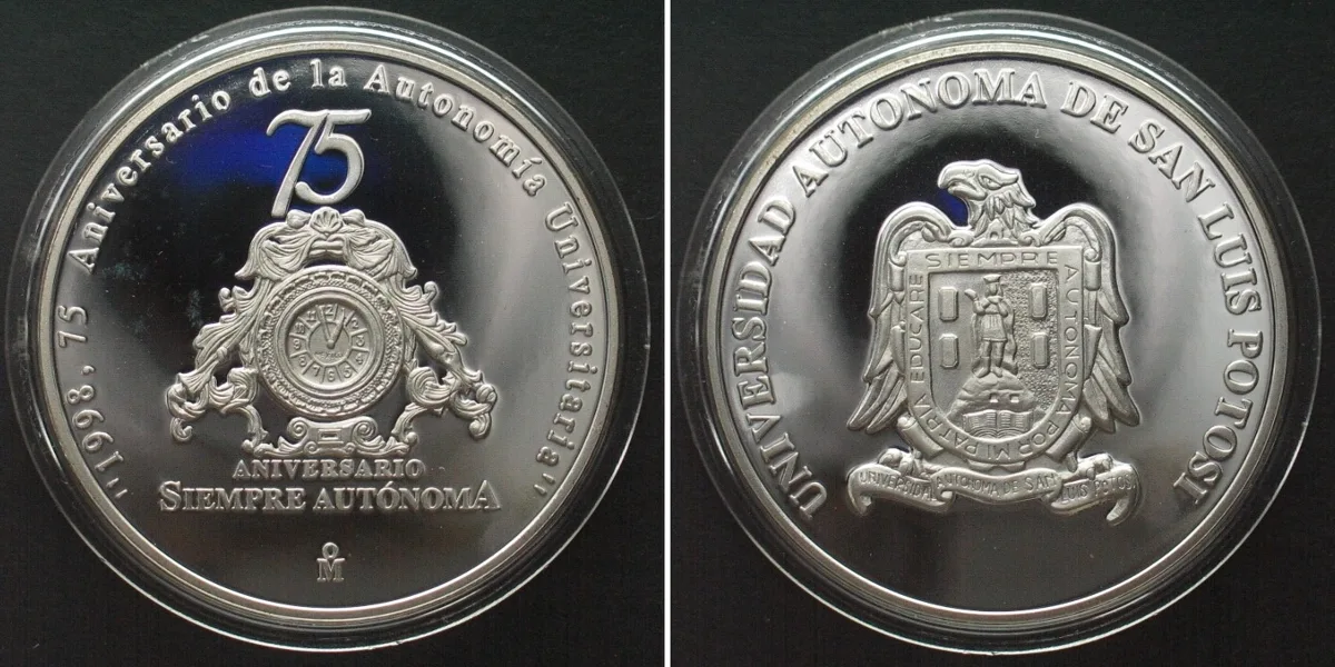1998 MEXICO 75th Ann. of SAN LUIS DE POTOSI UNIVERSITY AUTONOMY 1998 silver 1oz Proof