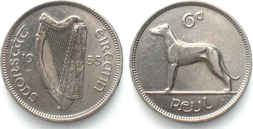 1935 IRELAND 6 pence 1935, Irish Wolfhound, nickel KEY DATE! AU!