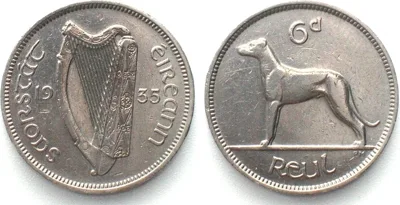 1935 IRELAND 6 pence 1935, Irish Wolfhound, nickel KEY DATE! AU!
