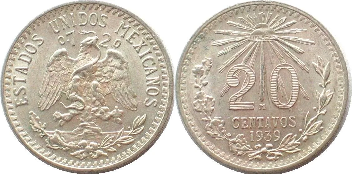 1939 MEXICO. 20 Centavos 1939, silver, UNC