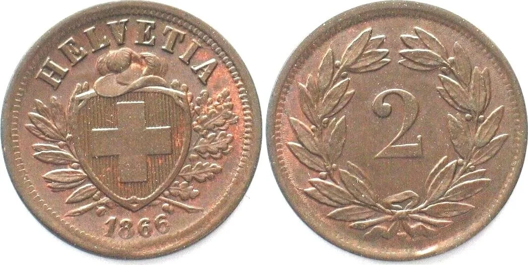 1866 SWITZERLAND 2 Rappen 1866 bronze SCARCE! UNC!