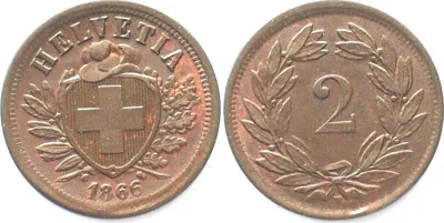 1866 SWITZERLAND 2 Rappen 1866 bronze SCARCE! UNC!