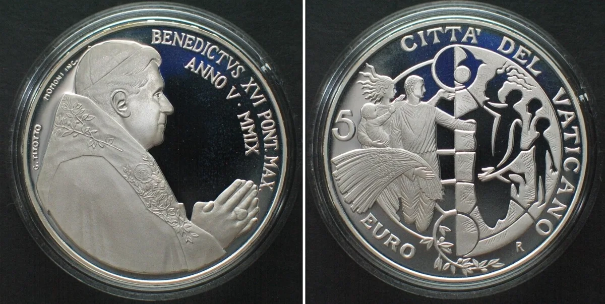 2009 VATICAN 5 Euro 2009, Circolo di San Pietro, BENEDICT XVI, silver Proof