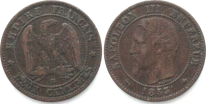 1853 FRANCE. 2 Centimes 1853 BB Strasbourg mint, NAPOLEON III bronze KEY DATE! XF EF