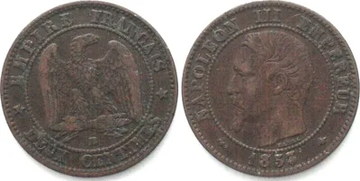 1853 FRANCE. 2 Centimes 1853 BB Strasbourg mint, NAPOLEON III bronze KEY DATE! XF EF