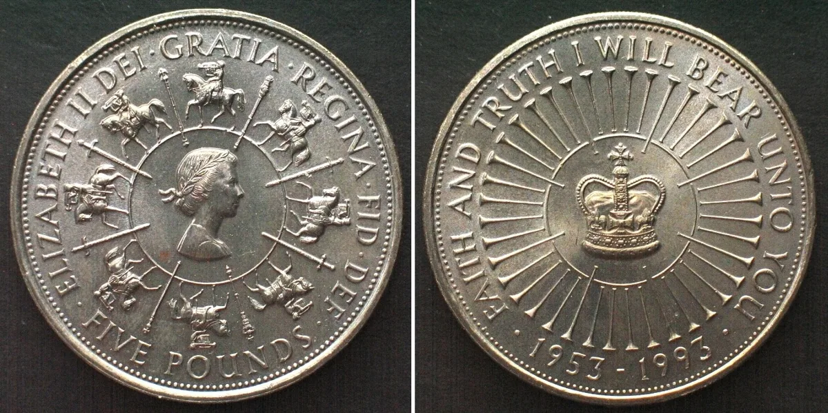 1993 ELIZABETH II 5 Pounds 1993, ELIZABETH II, 40TH ANN. OF REIGN, Cu-Ni Prooflike