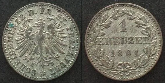 1861 German FRANKFURT City. Kreuzer 1861 billon XF! EF
