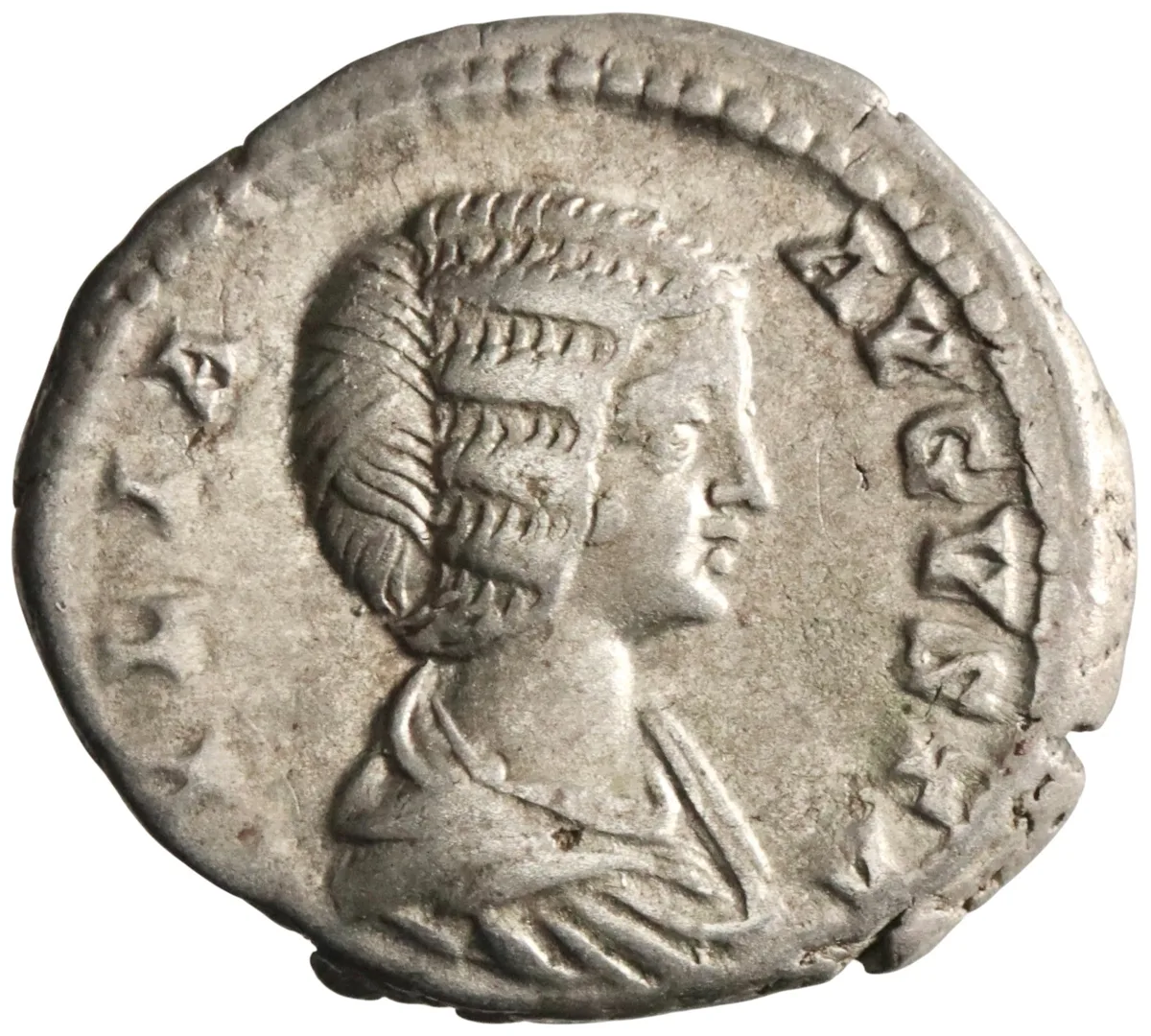 Roman: Julia Domna (193-217), silver denarius (3.27g), Rome mint, 200 CE. Draped bust right / Isis, wearing polos on head, standing right, left foot on prow, holding Horus, rudder behind.
