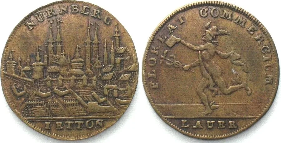 1800 NUREMBERG. Counter FLOREAT COMMERCIUM about 1800 by Lauer, brass 24mm VF+