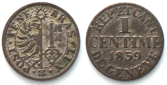 1839 Swiss Cantons GENEVA 1 Centime 1839 billon AU!