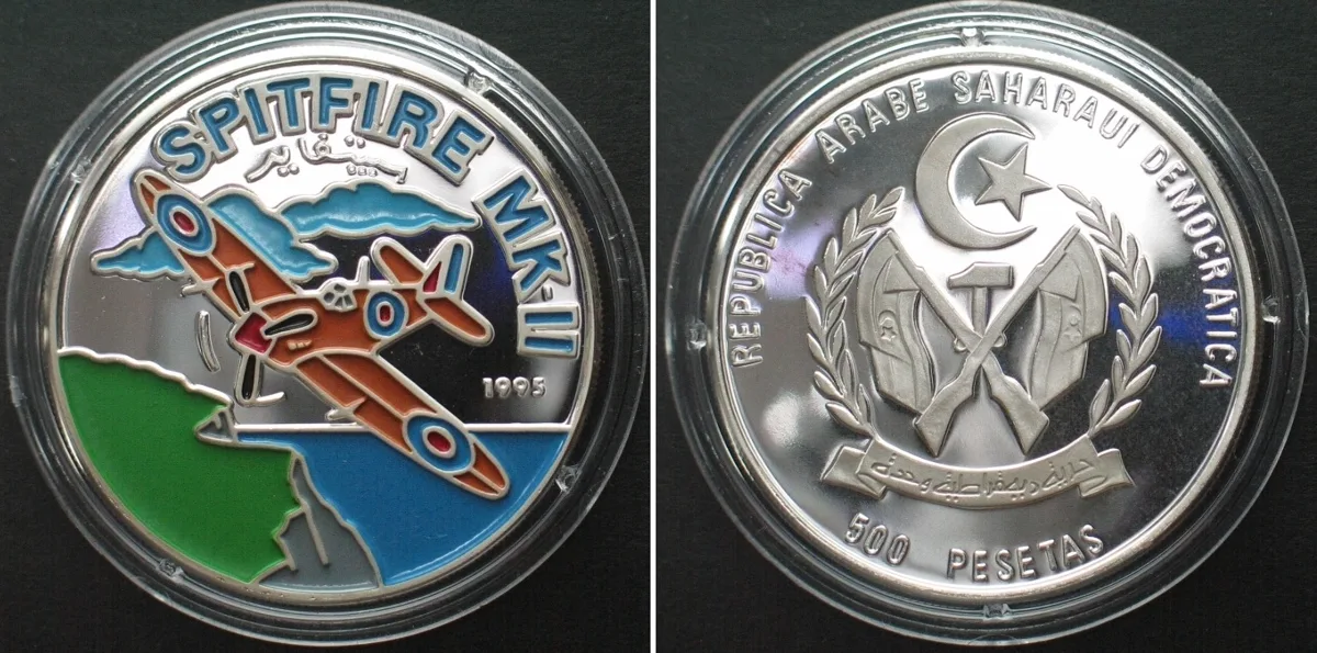 1995 SAHARAWI ARAB D.R. 500 Pesetas 1995 Plane SPITFIRE MK II silver COLORED Proof