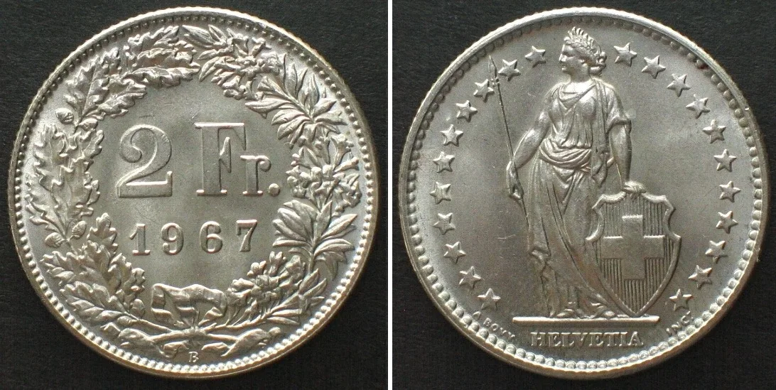1967 SWITZERLAND 2 Franken 1967 silver BU!!!