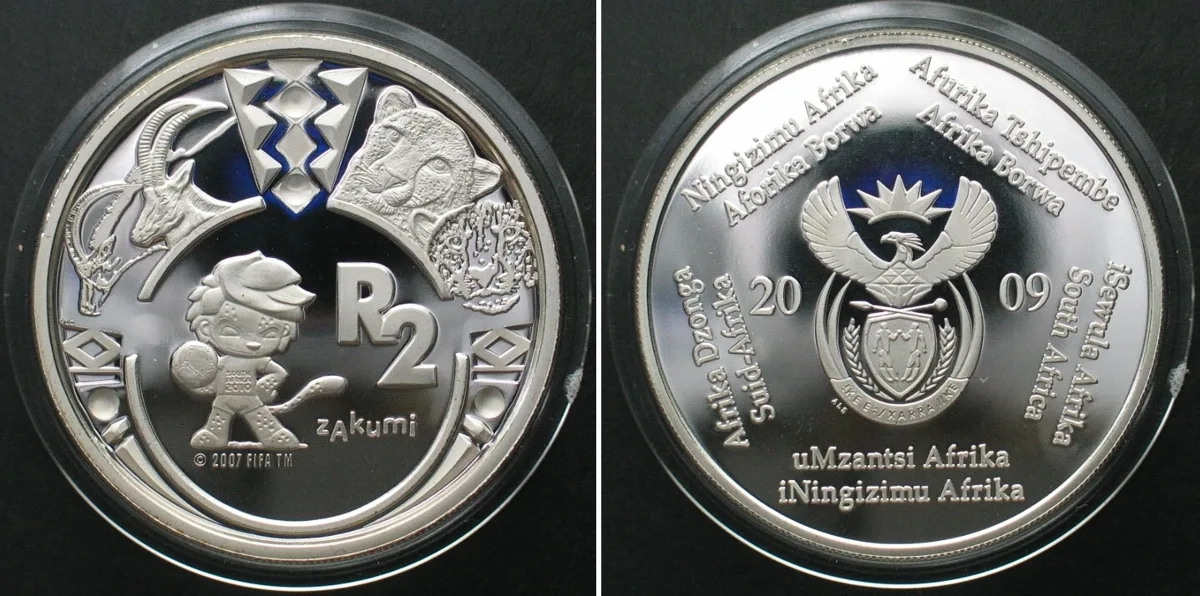 2009 SOUTH AFRICA. 2 Rand 2009, Zakumi Mascot, SOCCER WORLD CUP, silver, Proof