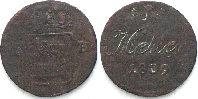 1809 German SAXE-HILDBURGHAUSEN 1 Heller 1809, FRIEDRICH I, copper VF