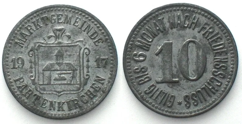 1917 Germany PARTENKIRCHEN (Bavaria) 10 Pfennig 1917, NOTGELD, zinc UNC-
