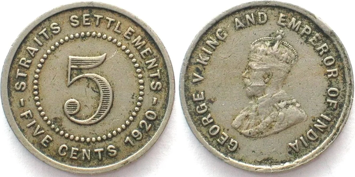1920 STRAITS SETTLEMENTS 5 Cents 1920 GEORGE V Cu-Ni XF! EF