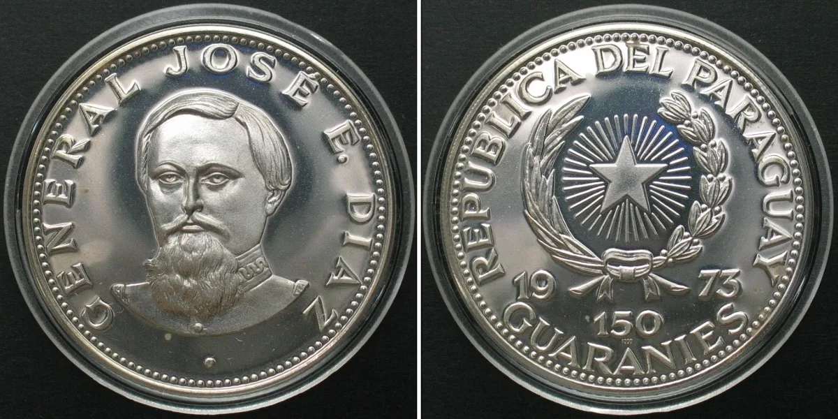 1973 PARAGUAY. 150 Guaranies 1973, JOSE E. DIAZ, silver Proof RARE! Proof