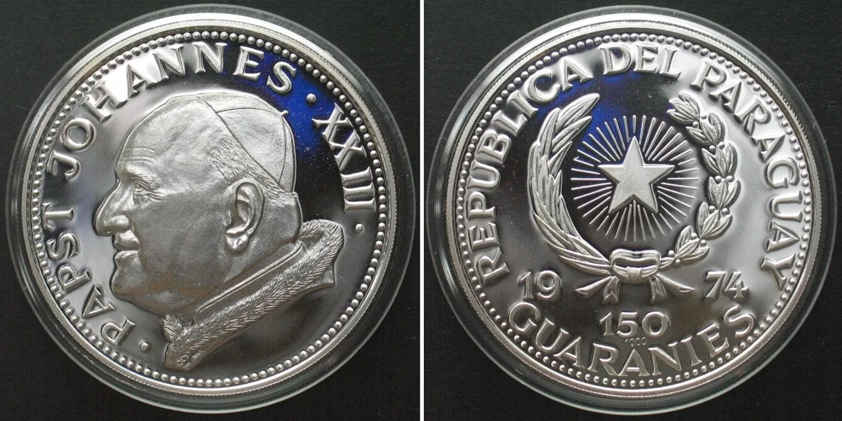 1974 PARAGUAY. 150 Guaranies 1974, POPE JOHN XXIII, silver Proof RARE! Proof