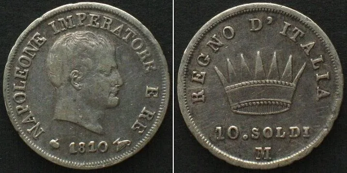 1810 Italy KINGDOM of NAPOLEON 10 Soldi 1810 M, Milan mint, silver VF+
