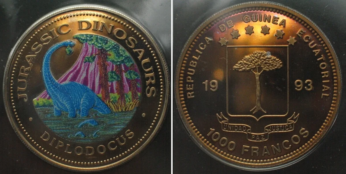 1993 EQUATORIAL GUINEA 1000 Francos 1993 Diplodocus DINOSAURS Cu-Ni COLORED Proof