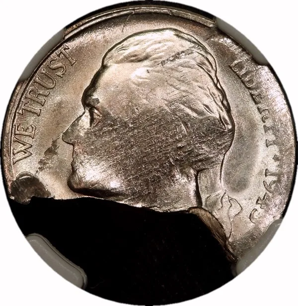 Jefferson Nickel, 1945, Struck on Defective Planchet, 5¢ , NGC, Genuine