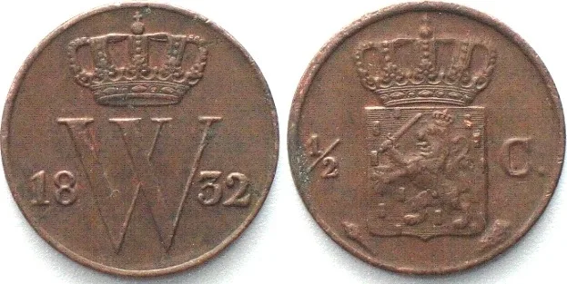 1832 NETHERLANDS 1/2 Cent 1832 WILLEM I copper XF! EF