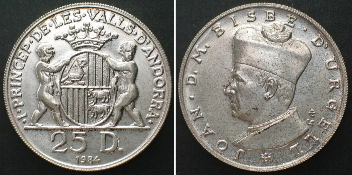 1984 ANDORRA. 25 Diners 1984, JOAN BISBE D'URGELL I, silver UNC