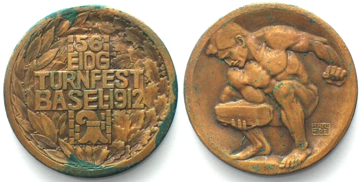 1912 BASEL FEDERAL GYMNASTIC TOURNAMENT 1912 by HANS FREI bronze 34mm AU