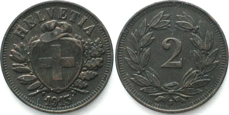 1913 SWITZERLAND 2 Rappen 1913 Bronze XF! EF