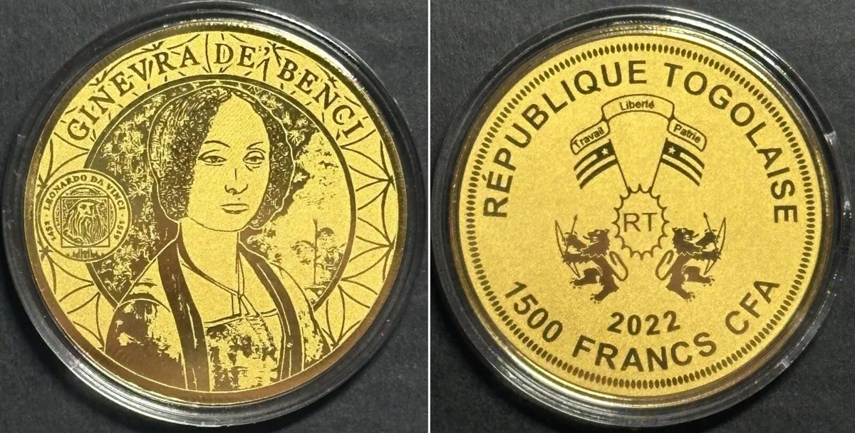 2022 TOGO 1500 Francs CFA 2022 Ginevra de Benci LEONARDO DA VINCI Gold 1/200 oz Proof