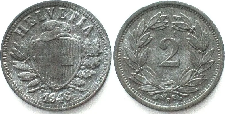 1946 SWITZERLAND 2 Rappen 1946 zinc KEY DATE! UNC-