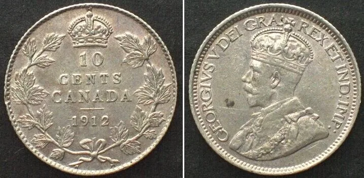 1912 CANADA 10 Cents 1912 GEORGE V silver AU!