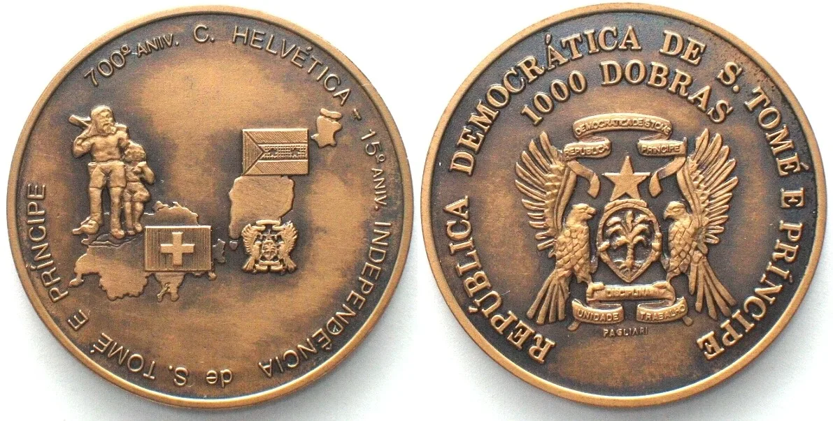 1990 ST. THOMAS & PRINCE 1000 Dobras ND (1990) 7th CENTENNIAL OF SWITZERLAND UNC