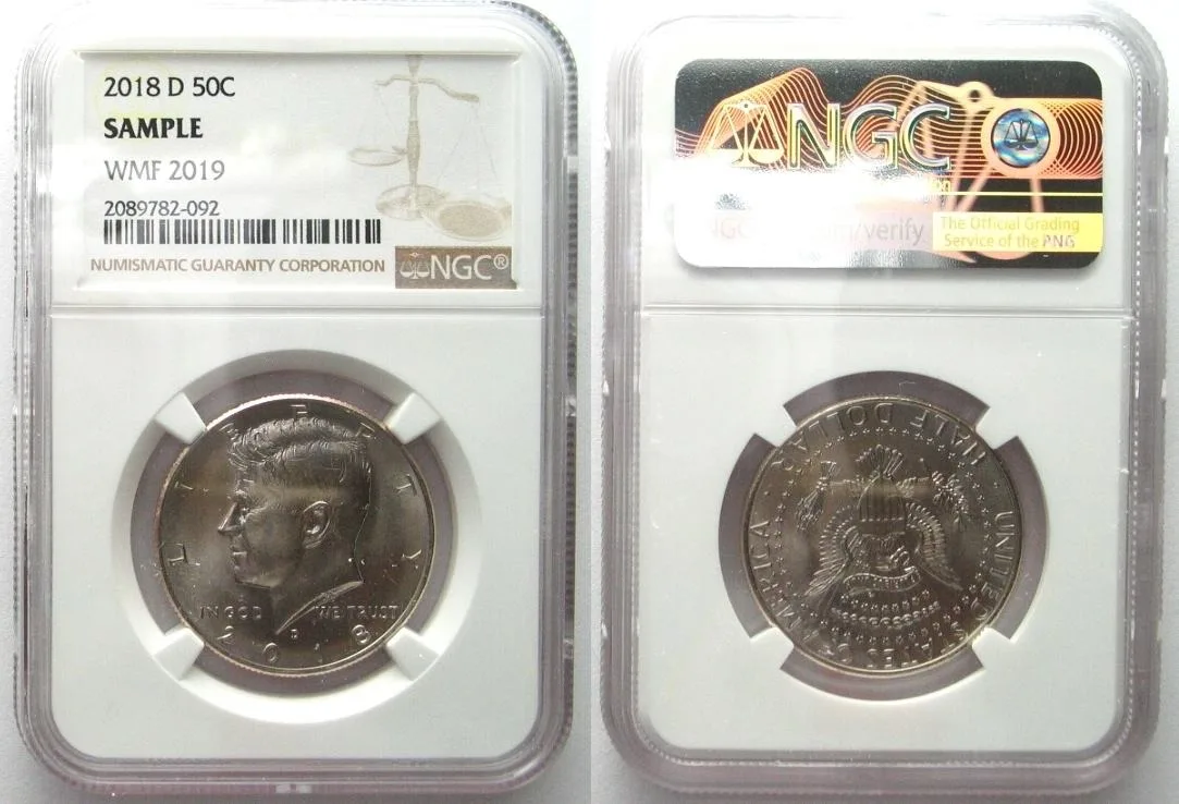 50C 2018 NGC SAMPLE SLAB WORLD MONEY FAIR BERLIN 2019, KENNEDY 50C 2018 D, RARE! NGC SAMPLE