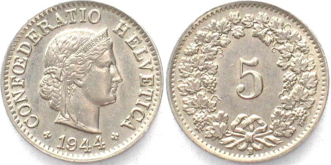 1944 SWITZERLAND 5 Rappen 1944 Cu-Ni UNC!