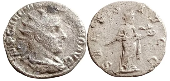 VOLUSIAN 251-253 AD, AR 19mm 2.8gm Silver Antoninianus, Salus standing, holding snake. Scarce