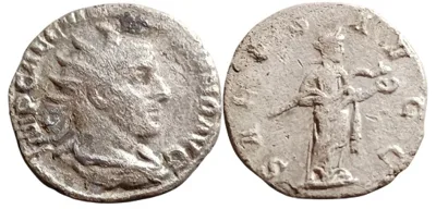VOLUSIAN 251-253 AD, AR 19mm 2.8gm Silver Antoninianus, Salus standing, holding snake. Scarce