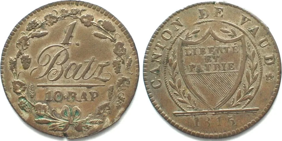 1815 Swiss Cantons VAUD, Canton. Batzen 1815 billon XF! EF