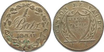 1815 Swiss Cantons VAUD, Canton. Batzen 1815 billon XF! EF