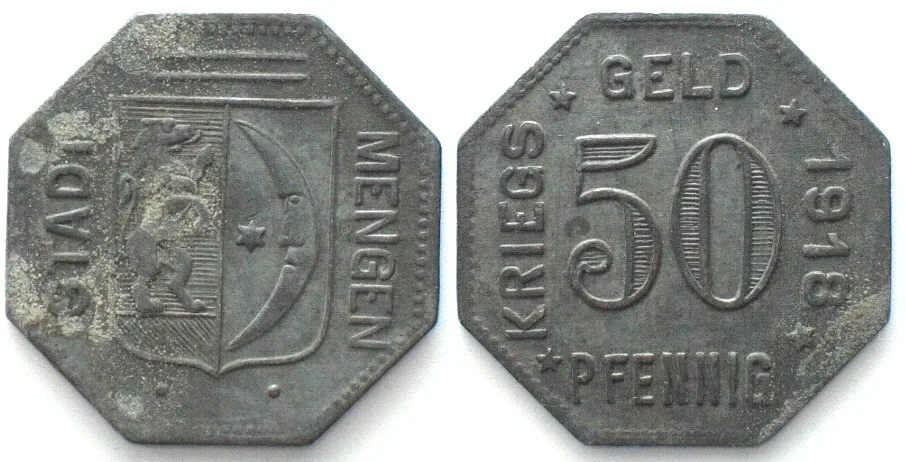 1918 Germany MENGEN (Württemberg) 50 Pfennig 1918, NOTGELD, zinc AU, RARE! AU