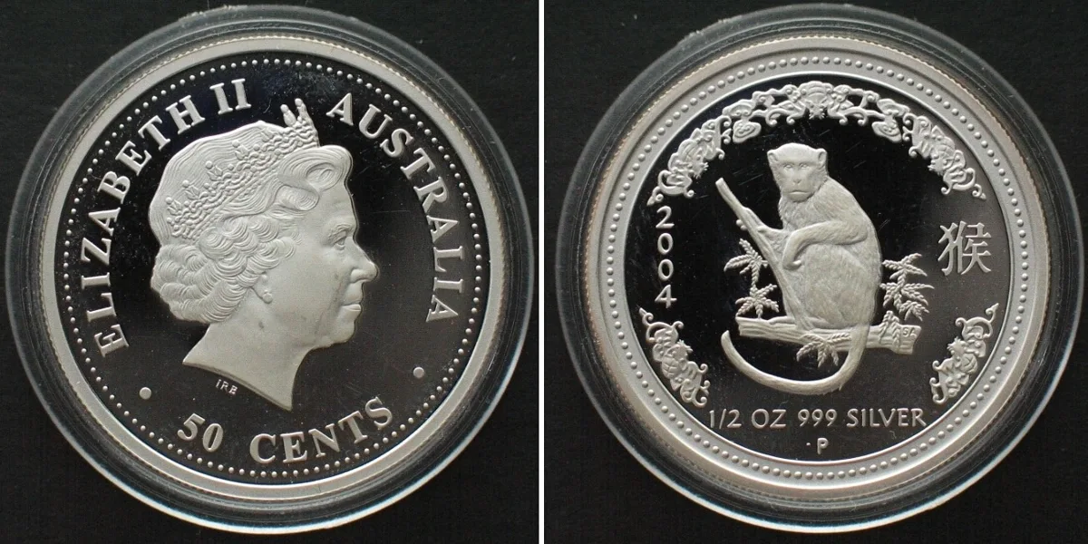 2004 AUSTRALIA 50 Cents 2004 Lunar I, YEAR OF THE MONKEY silver 1/2 oz Proof RARE! Proof