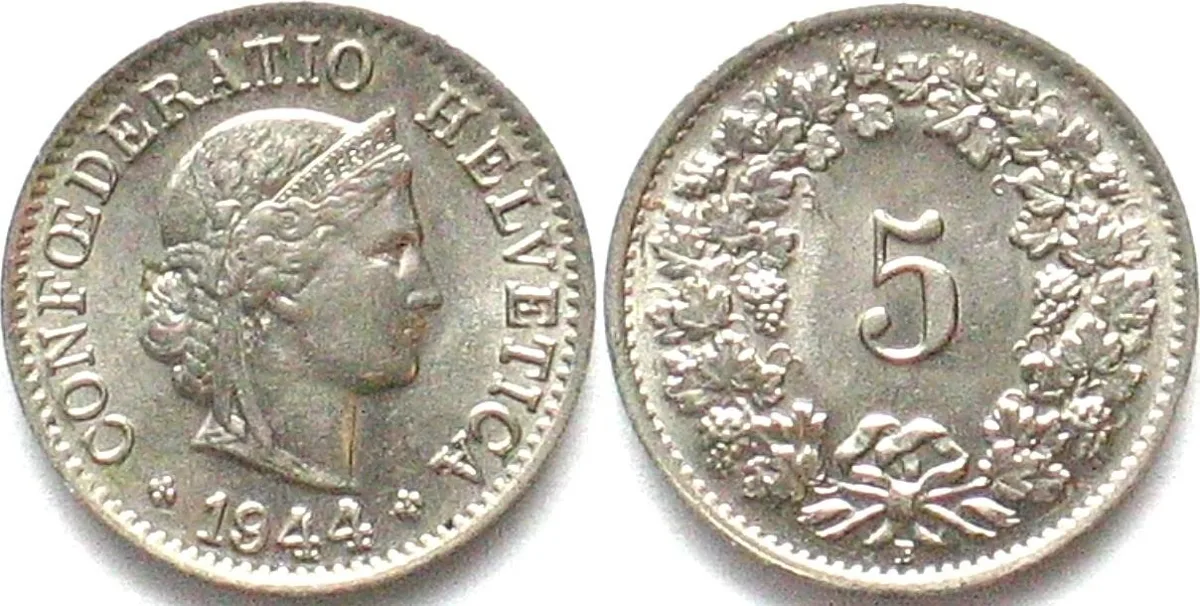 1944 SWITZERLAND 5 Rappen 1944 Cu-Ni UNC!