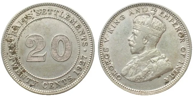 1927 STRAITS SETTLEMENTS 20 Cents 1927 GEORGE V silver XF! EF
