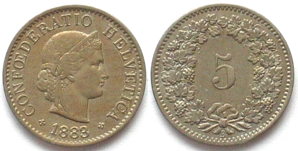 1883 SWITZERLAND 5 Rappen 1883 Cu-Ni XF! EF