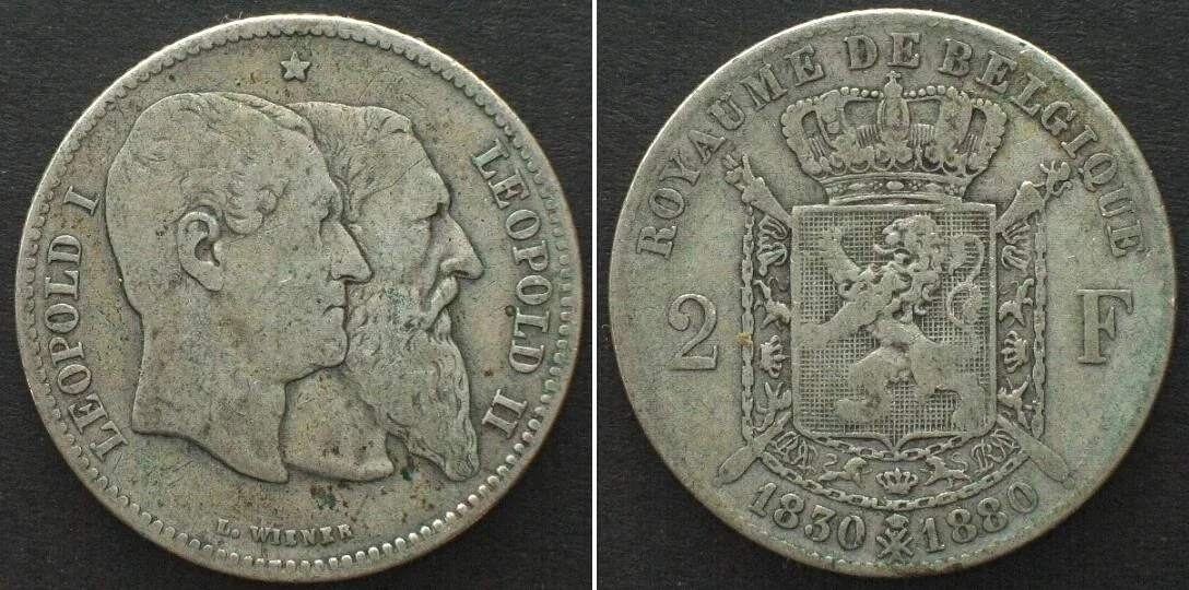 1880 BELGIUM. 2 Francs 1880, 50th ANN. OF INDEPENDENCE silver VF