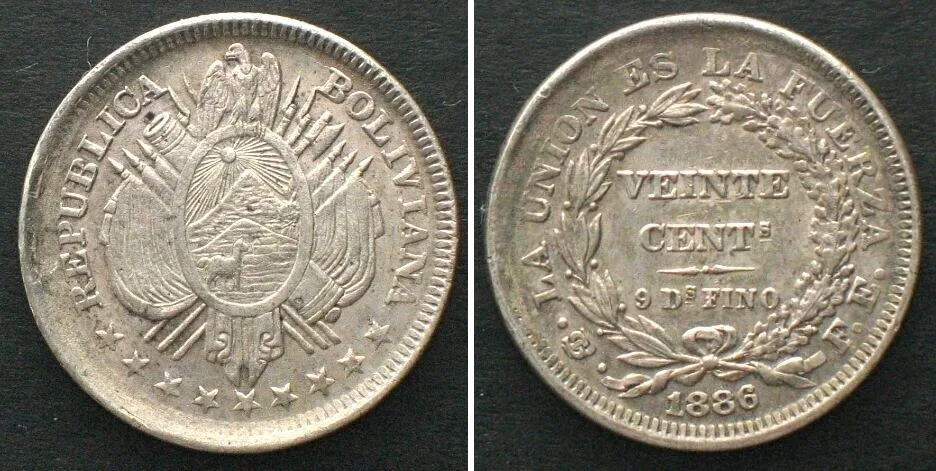 1886 BOLIVIA. 20 Centavos 1886 PTS FE, silver UNC-!!!