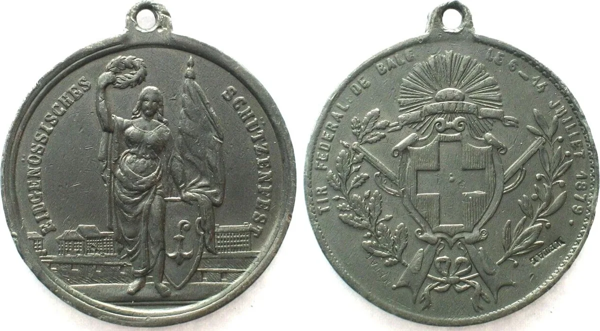1879 BASEL 1879 SHOOTING FESTIVAL Medal white metal 37mm WITH PUNCH RRR! AU